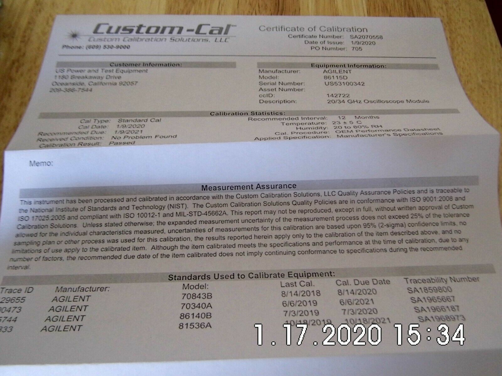 Keysight 86115D Optical Dual Module Input, Opt 102 (Dual Optical Input) NIST Keysight 86115D Optical Dual Module Input, Opt 102 (Dual Optical Input) NIST